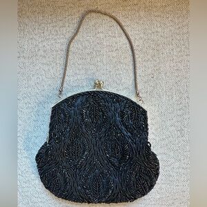 Vintage Beaded Black Kisslock Clutch Evening Bag with Chain